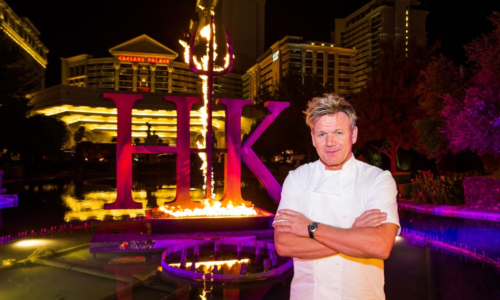 Gordon Ramsay poses with series’ signature pitchfork in front of the iconic fountains at Caesars Palace Las Vegas announcing the upcoming winter debut of Gordon Ramsay Hell’s Kitchen restaurant. 