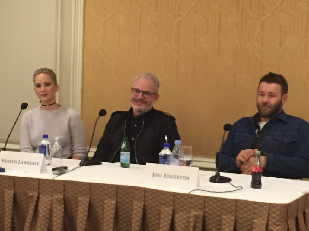 Jennifer Lawrence, Francis Lawrence and Joel Edgerton at a New York City press conference for "Red Sparrow" (Photo by Carla Hay)