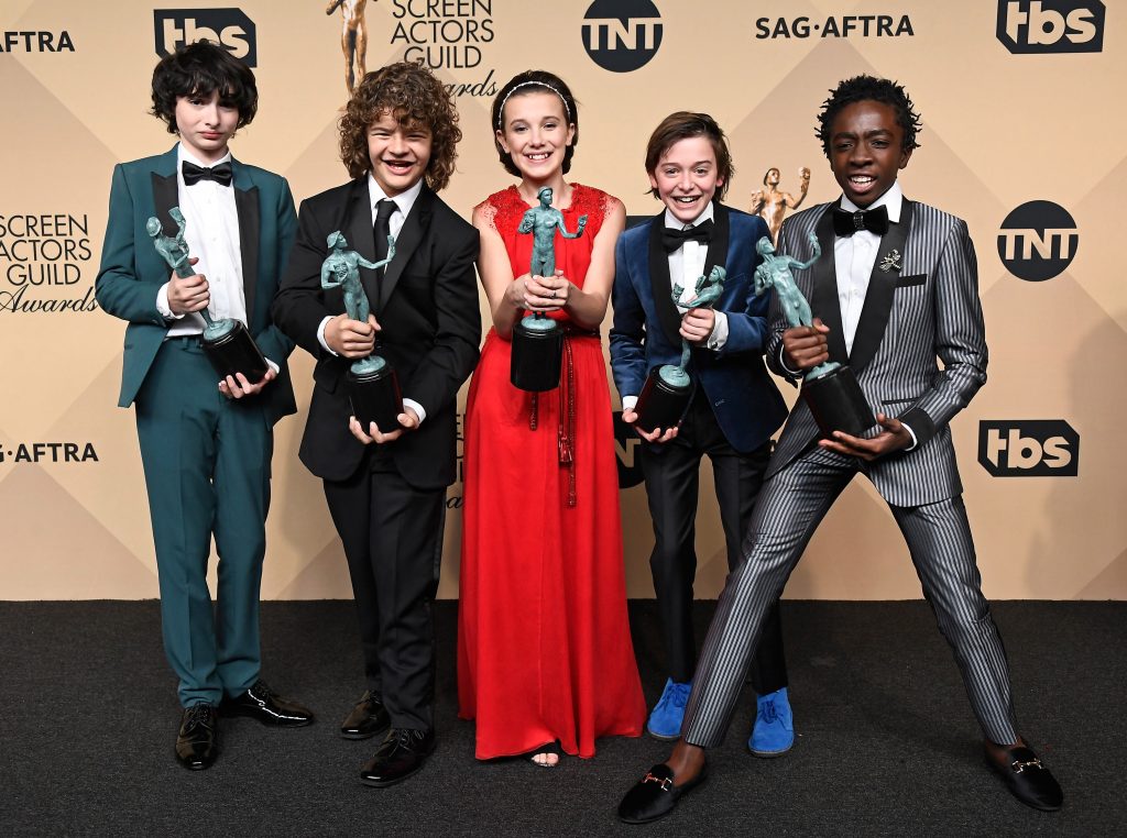 Finn Wolfhard, Gaten Matarazzo, Millie Bobby Brown, Noah Schnapp, and Caleb McLaughlin at the 2017 Screen Actors Guild Awards in Los Angeles. 