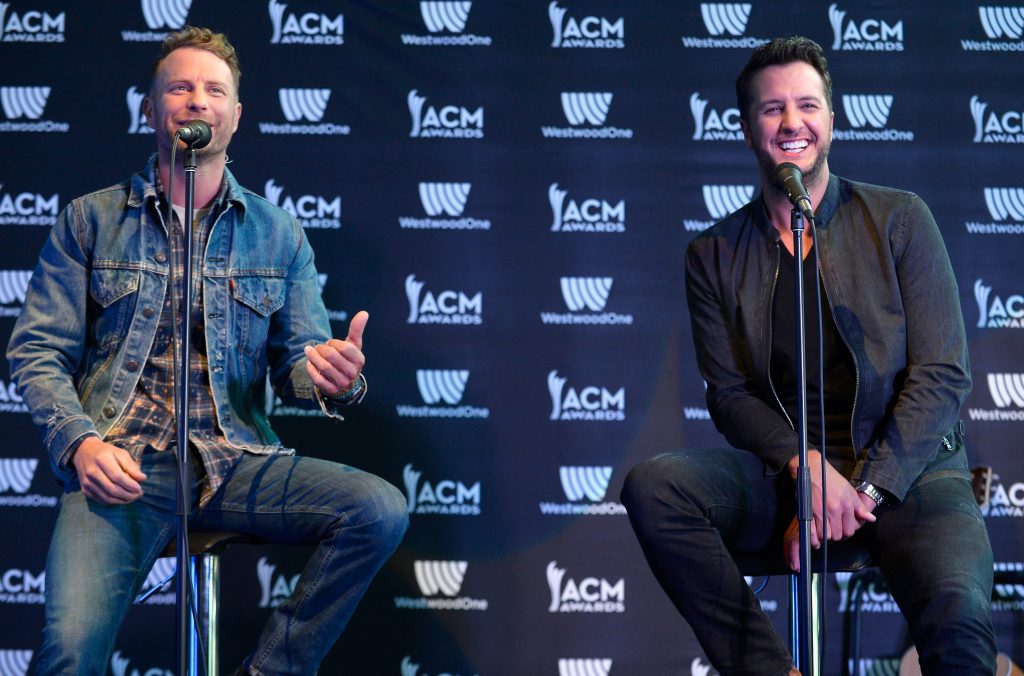 Dierks Bentley and Luke Bryan at the 52nd ACM Awards press conference at T-Mobile Arena in Las Vegas on March 31, 2017