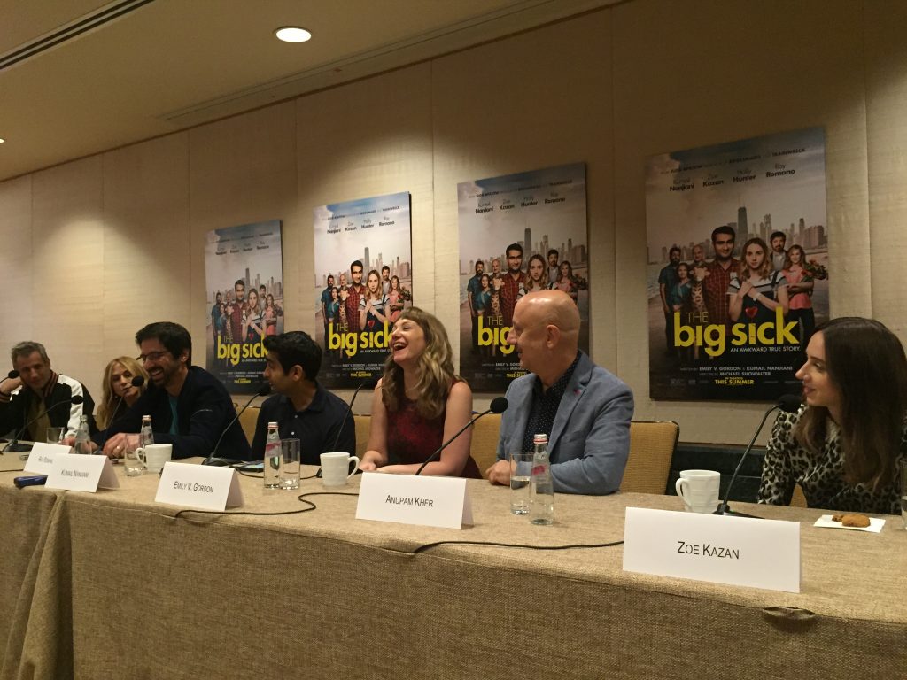 Barry Mendel, Holly Hunter, Ray Romano, Kumail Nanjiani, Emily Gordon, Anupam Kher and Zoe Kazan at the New York City press conference for "The Big Sick"