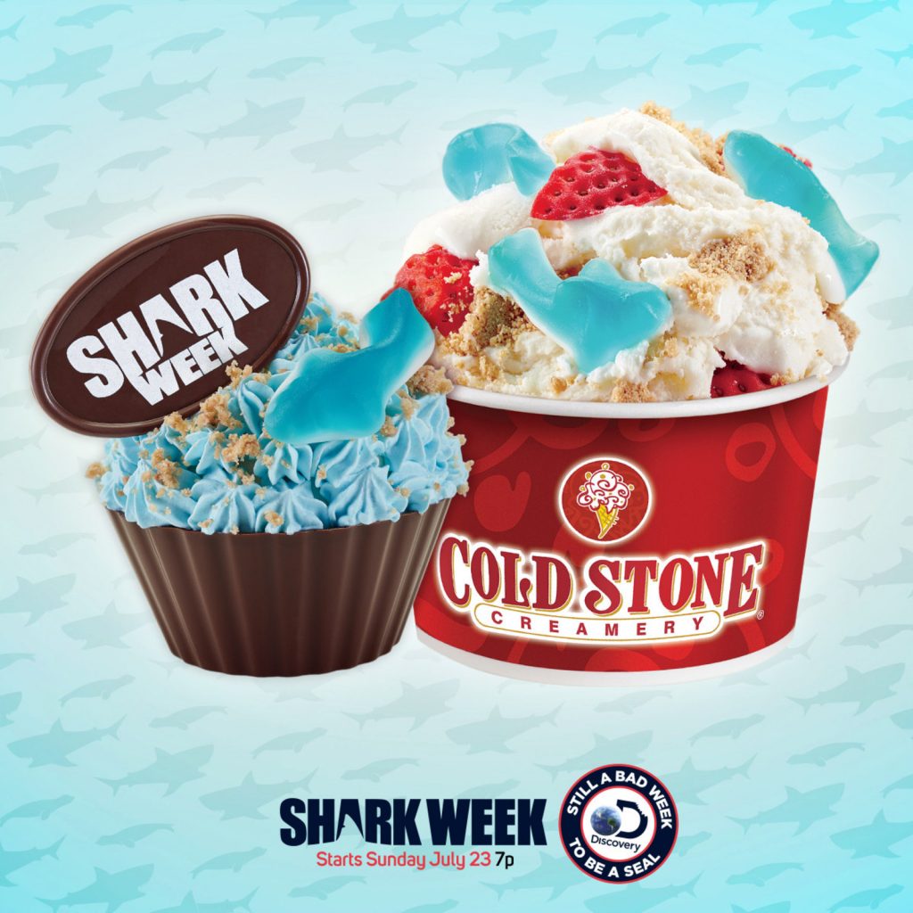 Cold Stone Creamery's Great White BiteCreation and Deep Sea Delight Ice Cream Cupcake, available for a limited time to celebrate Shark Week 2017.