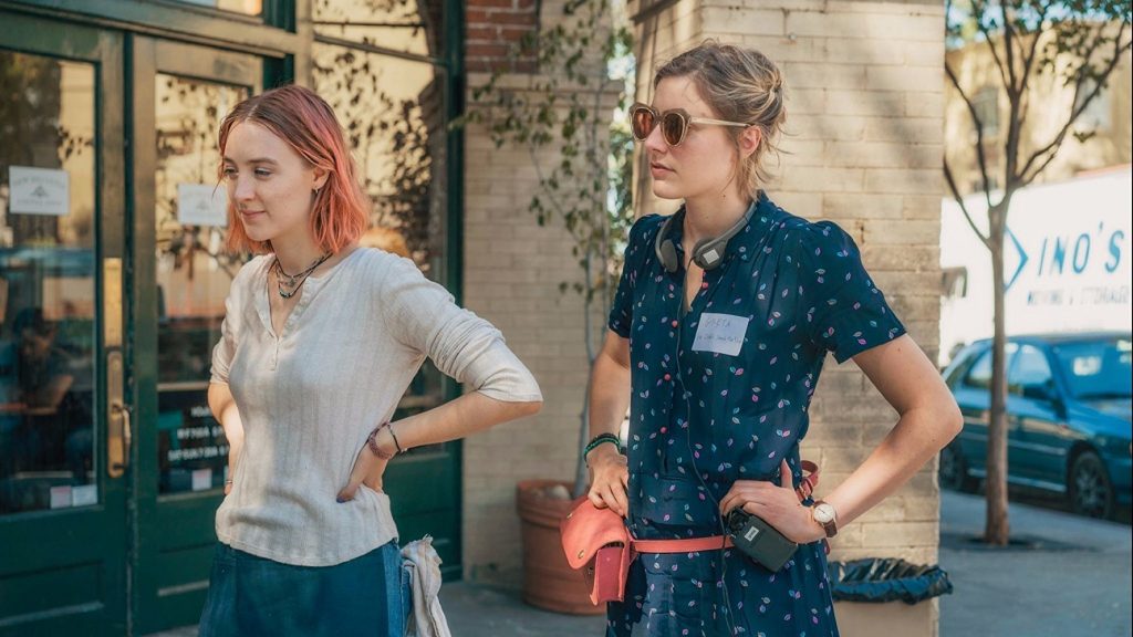 Saoirse Ronan and Greta Gerwig on the set of "Lady Bird" (Photo by Merie Wallace)