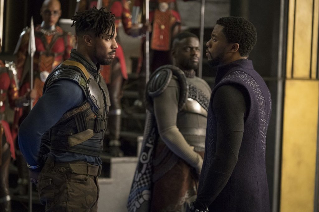 Michael B. Jordan, Daniel Kaluuya and Chadwick Boseman in "Black Panther" (Photo courtesy of Disney/Marvel Studios)